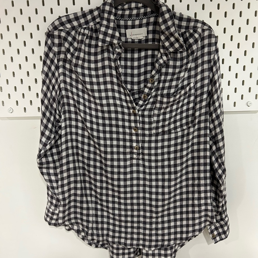 Anthropologie Woven Black and White Check Button-Front Women’s Top